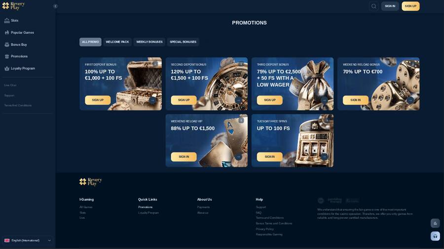Promotions page screenshot of Reveryplay Casino