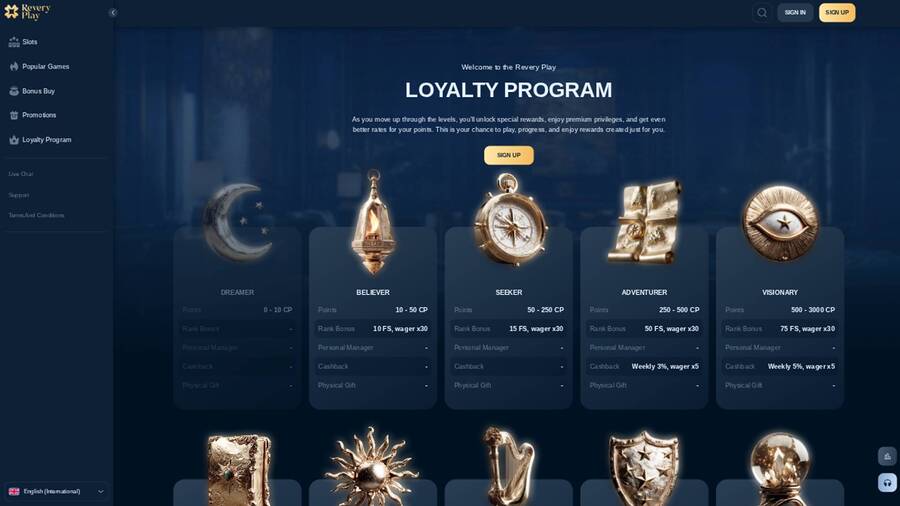 VIP page screenshot of Reveryplay Casino