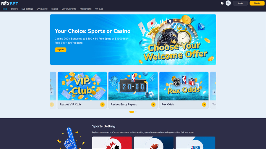 Página de inicio de escritorio del casino Rexbet