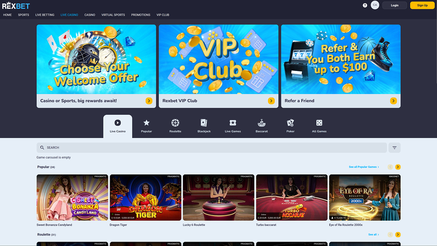 Casino Rexbet para escritorio con crupier en vivo