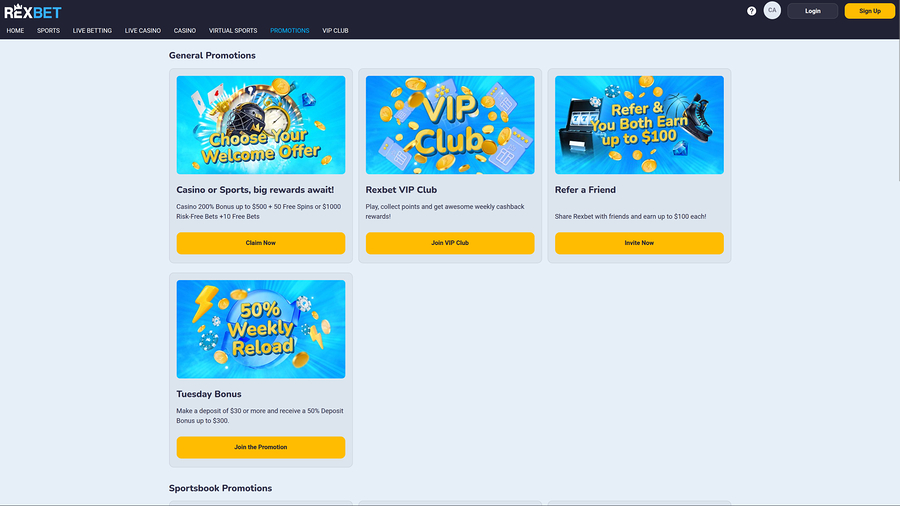 Promociones de escritorio de Rexbet Casino