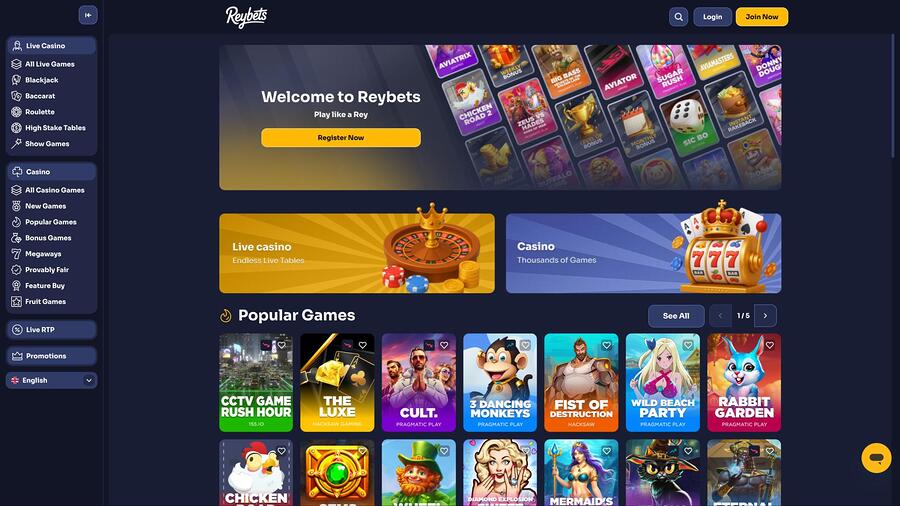 Página principal del casino ReyBets