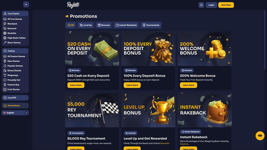 Página de promociones del casino ReyBets