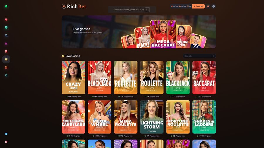 Casino RichBet para escritorio con crupier en vivo