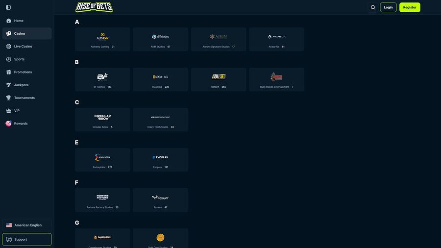 Desarrolladores de juegos de escritorio de Rise of Bets Casino