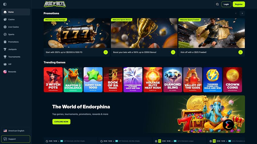 Página de inicio de Rise of Bets Casino para escritorio
