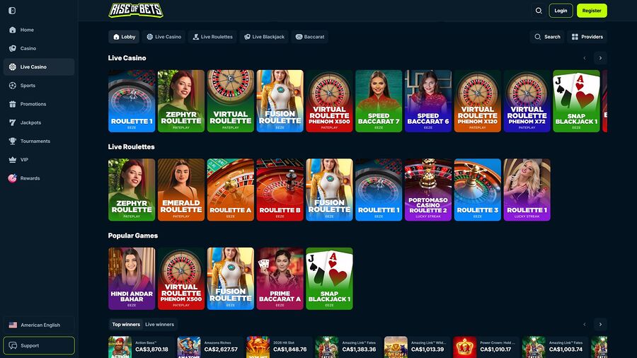 Casino Rise of Bets con crupier en vivo de escritorio