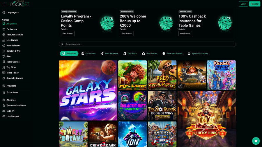 Rockbet Casino Desktop Homepage