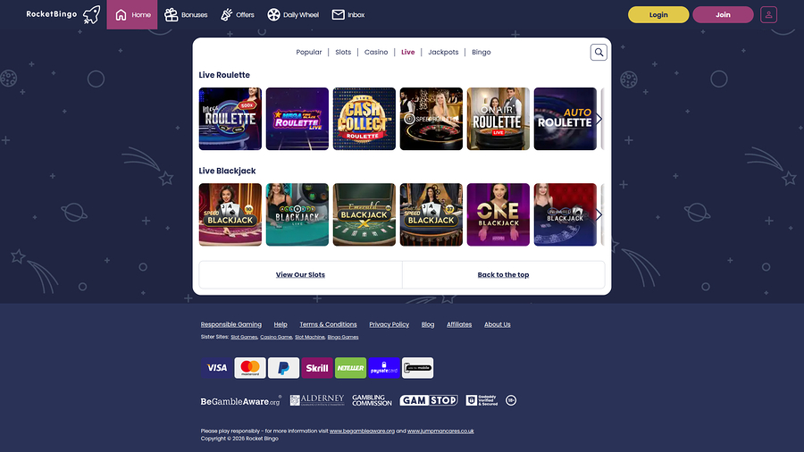 Rocket Bingo Casino Desktop Live Dealer
