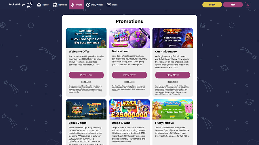 Rocket Bingo Casino Desktop Promotions
