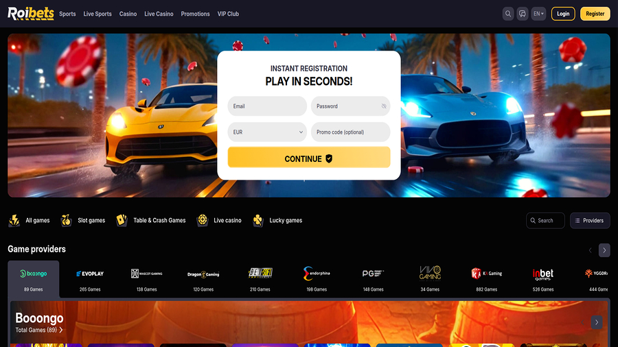 Homepage screenshot of Roibets Casino for Desktop