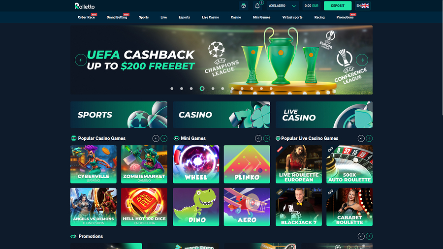 Página de inicio de escritorio de Rolletto Casino