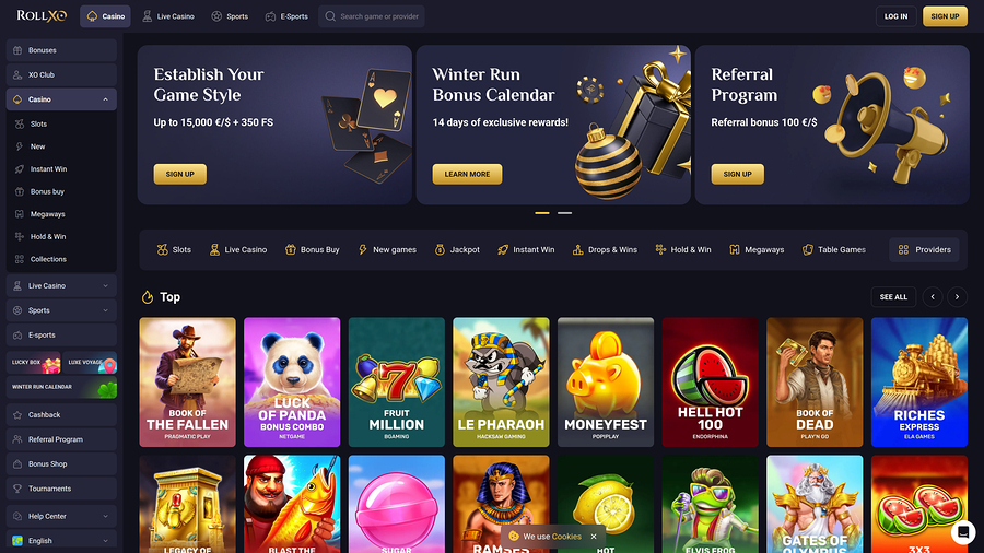 Página de inicio de escritorio del casino Rollxo