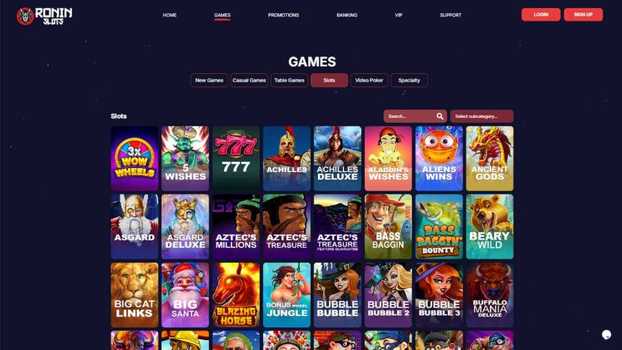 Games page screenshot of RoninSlots Casino