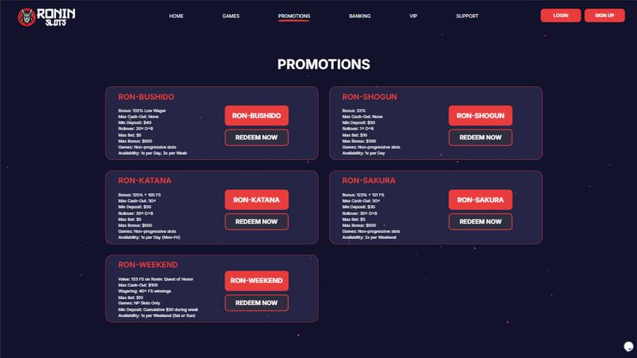 Promotions page screenshot of RoninSlots Casino