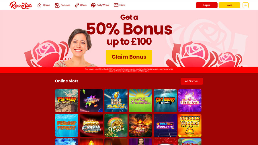 Rose Slots Casino Desktop Homepage