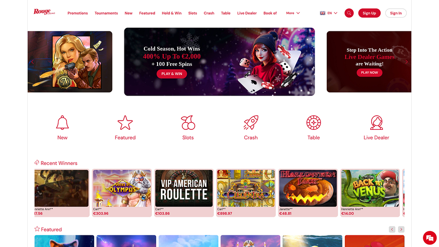 Rouge Casino Desktop Homepage