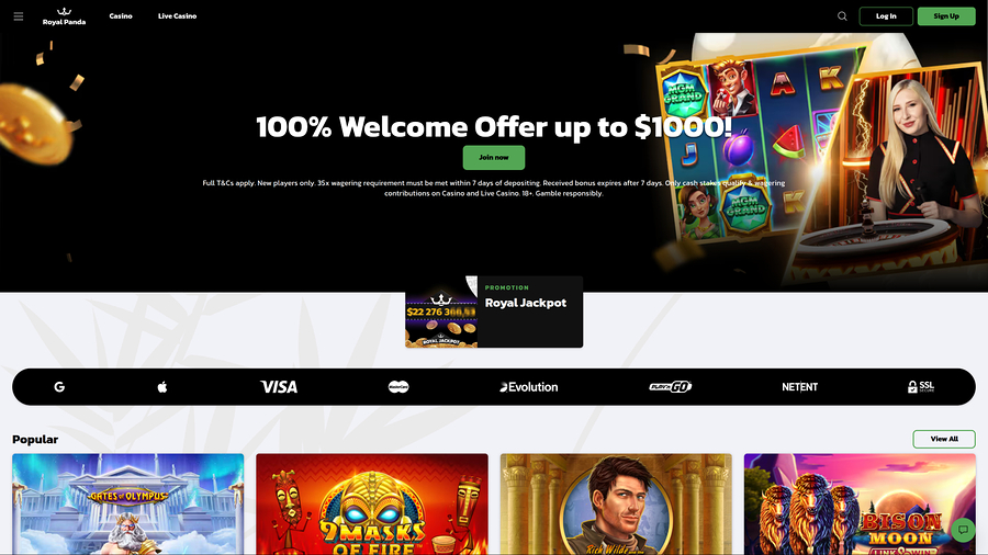 Royal Panda Casino Desktop Homepage