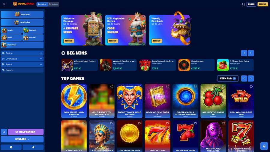 Games page screenshot of RoyalSpinia Casino