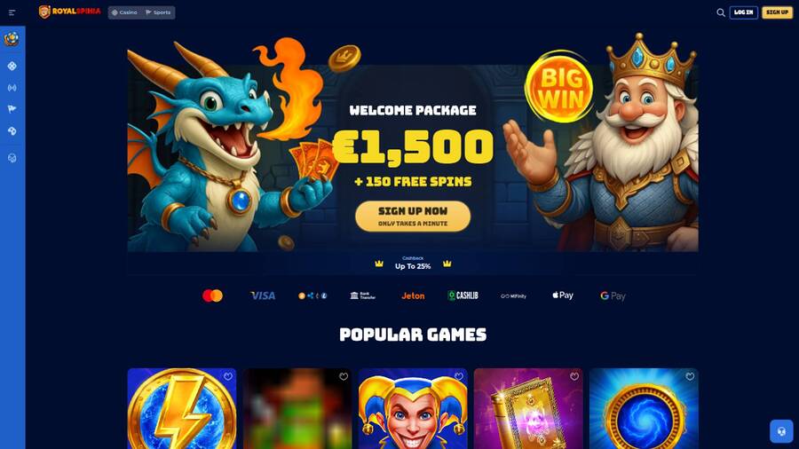 Homepage screenshot of RoyalSpinia Casino