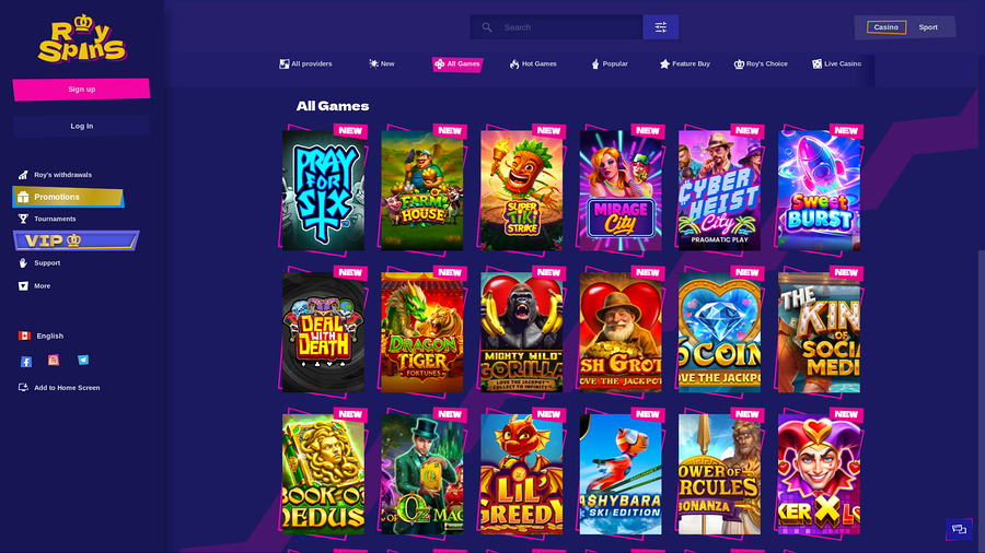 Royspins Online Casino Desktop Games