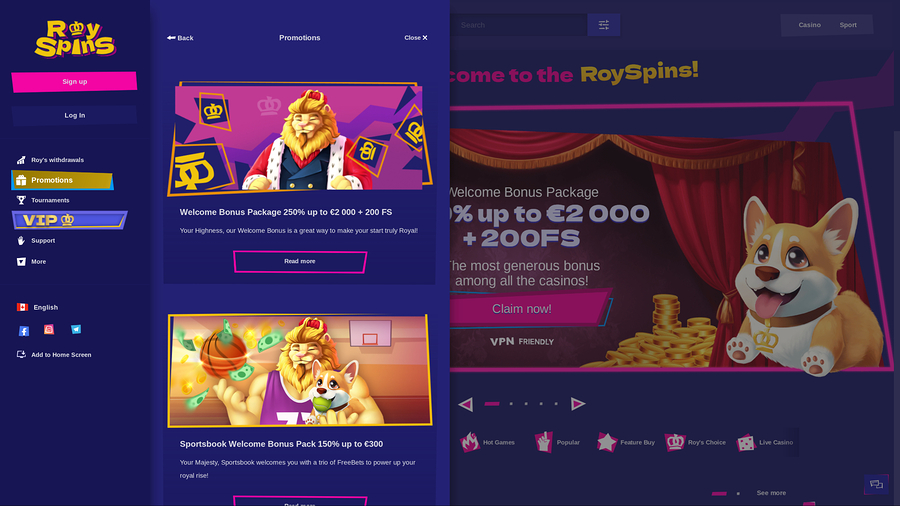 Royspins Online Casino Desktop Promotions