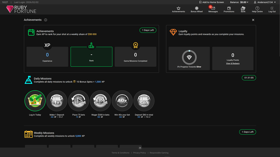 Ruby Fortune Casino Desktop Missions