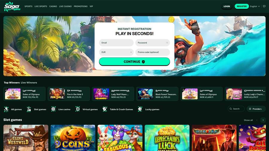 SagaSpins Casino Homepage