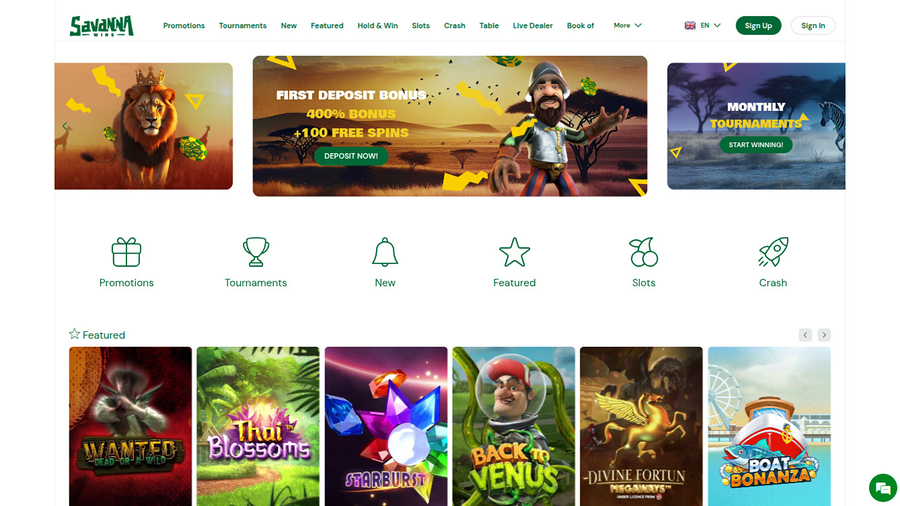 Savanna Wins Casino Homepage Desktop