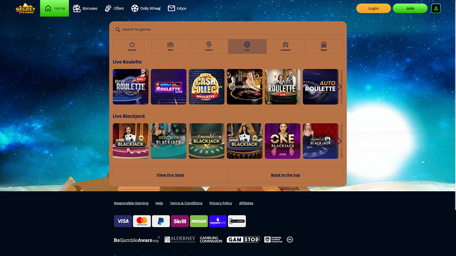 Secret Pyramids Casino Desktop Live Dealer