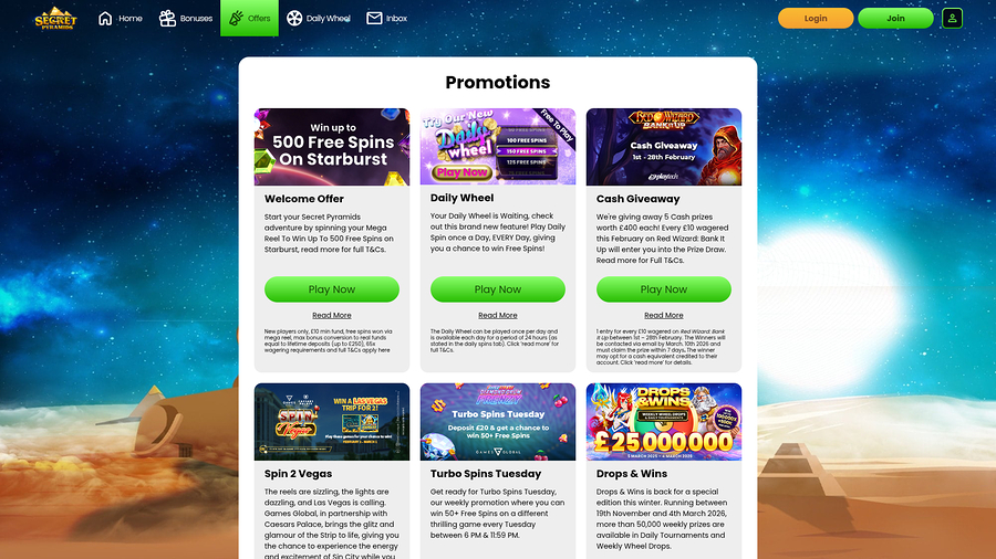 Secret Pyramids Casino Desktop Promotions