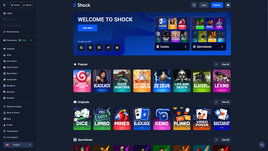 Shock Casino Desktop Homepage