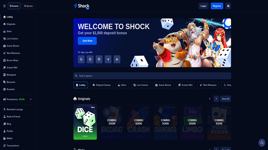 Homepage screenshot of Shock Casino for Desktop