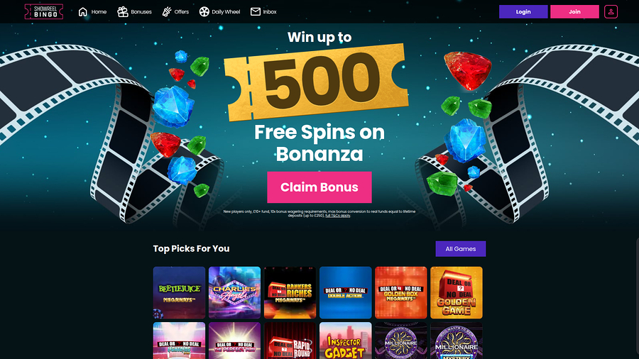 Showreel Bingo Casino Desktop Homepage