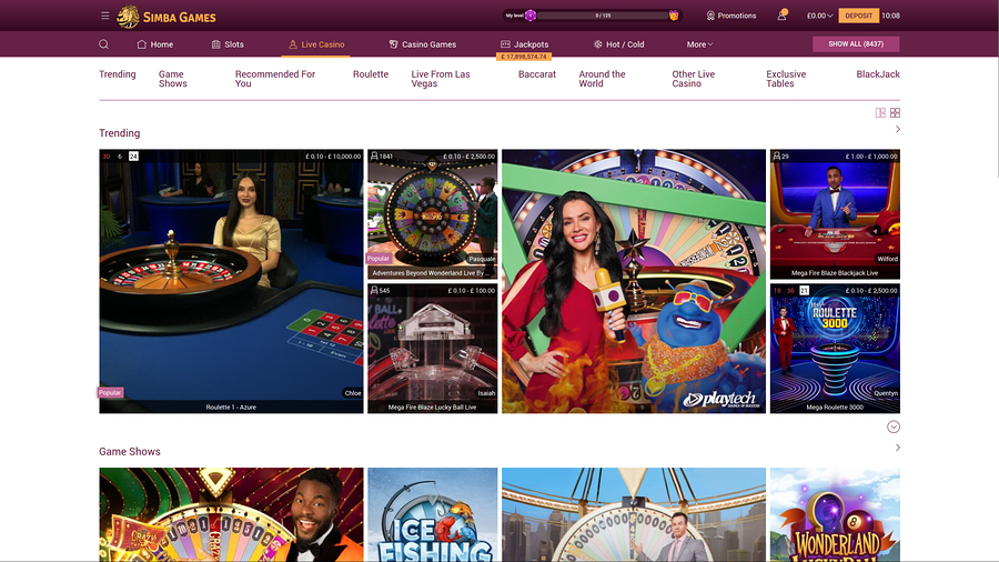 Simba Games Casino Live Dealer för Desktop
