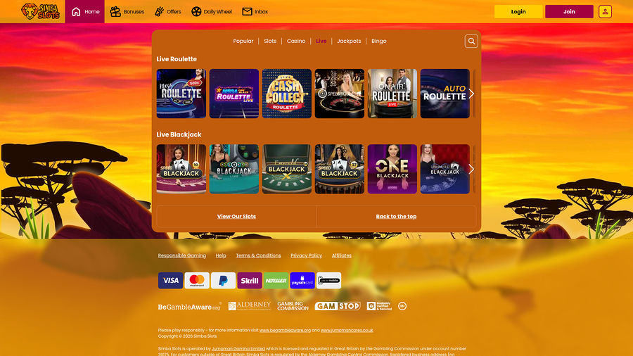 Simba Slots Casino Desktop Live Dealer