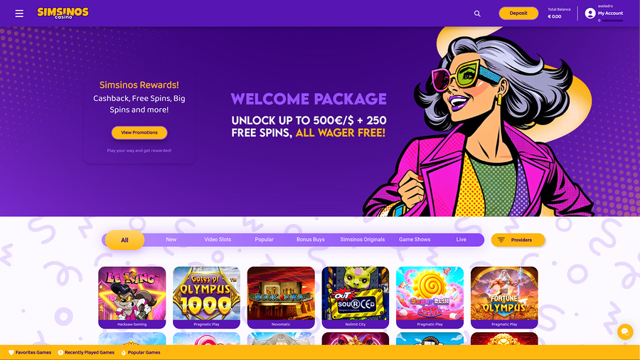 Simsinos Casino Desktop Homepage
