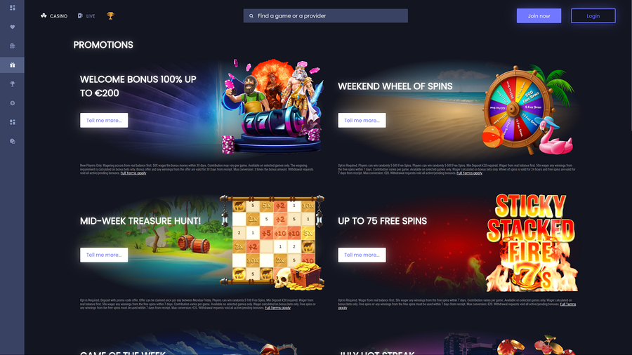 Sin Spins Casino Desktop Promotions