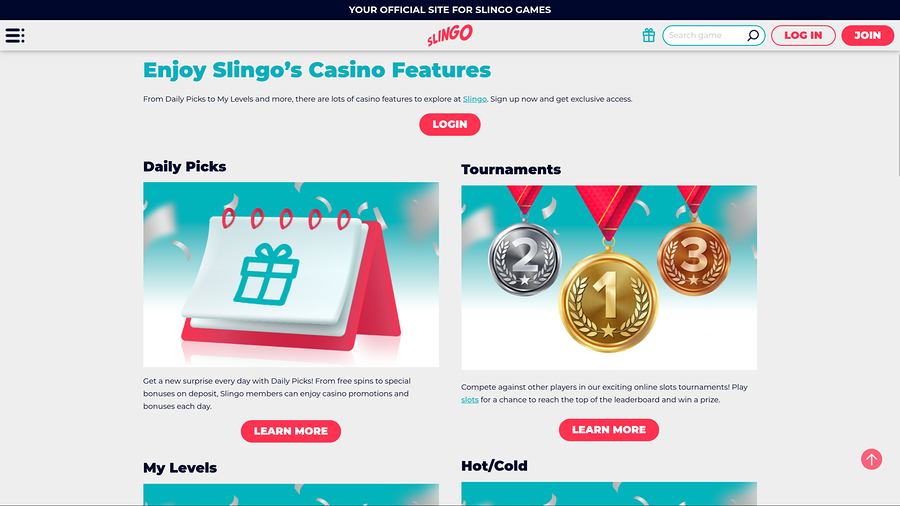 Slingo Casino Desktop Features