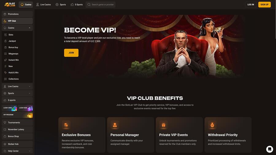 Slotlair Casino VIP Desktop