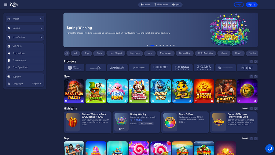 Página principal del casino SlotNeo