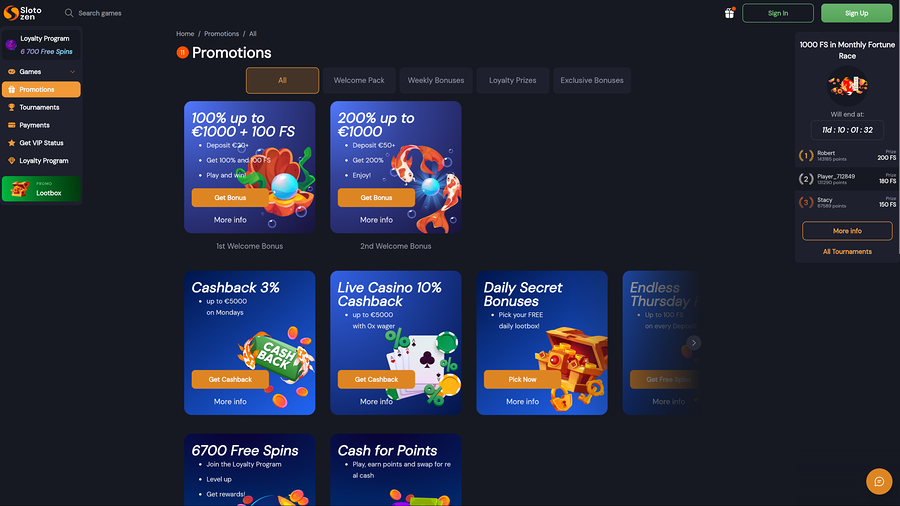 Slotozen Casino Desktop Promotions