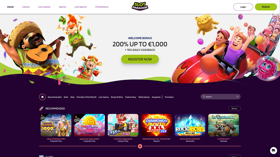 SlotParadise Casino Desktop Homepage
