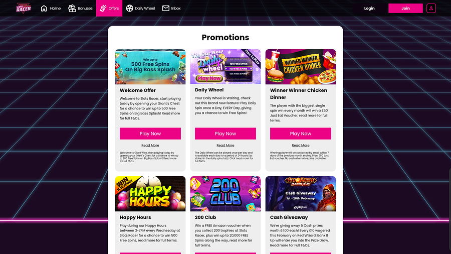 Slots Racer Casino Desktop Promotions