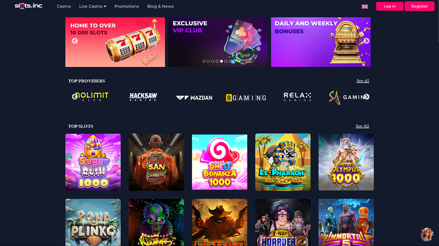 Slots.inc Casino Desktop Homepage