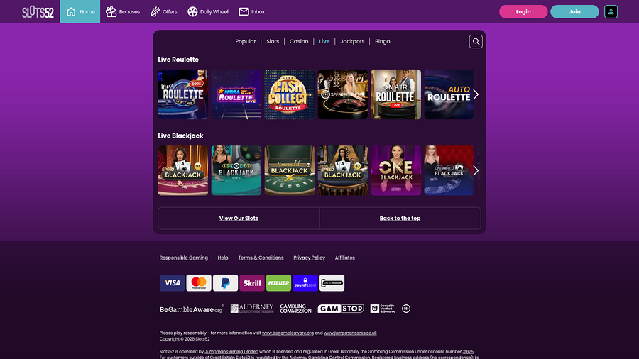 Slots52 Casino Desktop Live Dealer