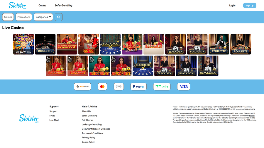 Slotster Casino Desktop Live Dealer