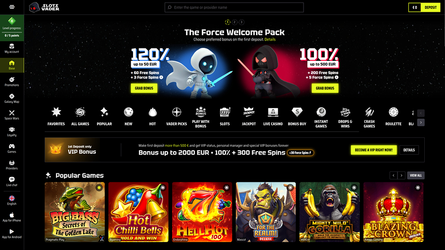 SlotsVader Casino Desktop Homepage