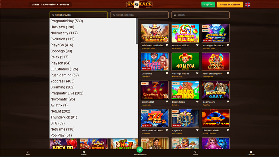 Desarrolladores de juegos de escritorio de SmokAce Casino
