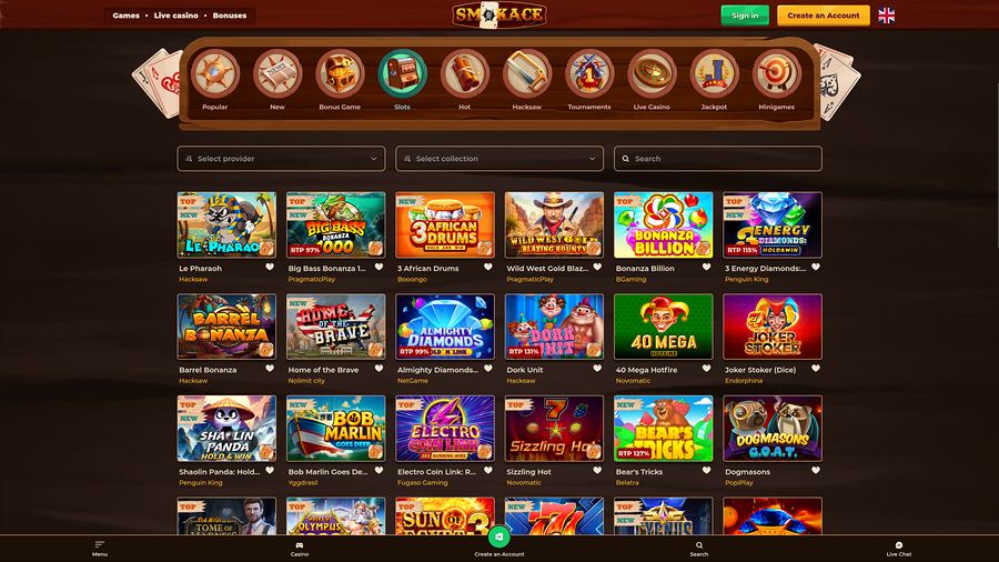 Juegos de escritorio de SmokAce Casino